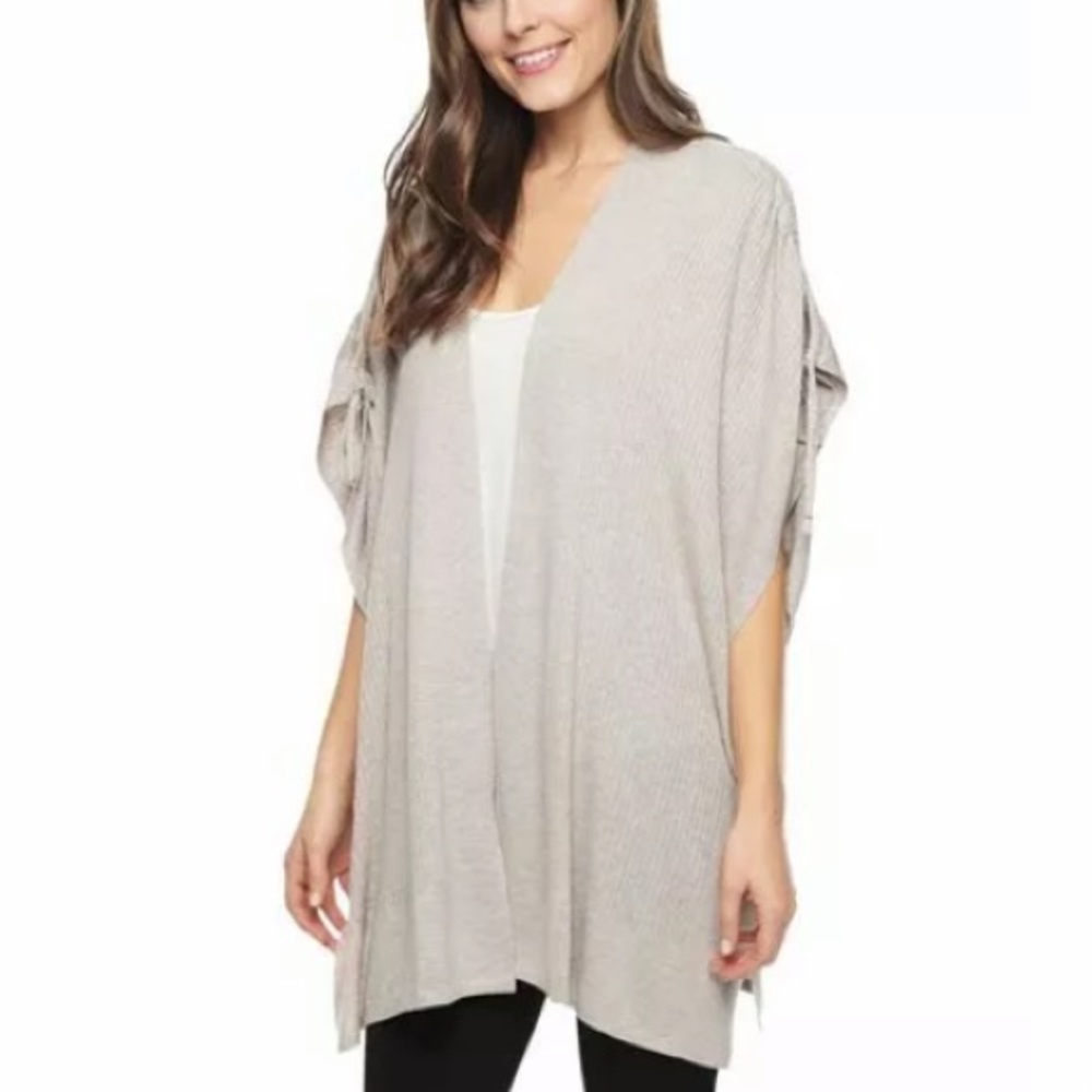 Splendid Cashmere Beige Taupe Oversized Relaxed Short Sleeve Cardigan Sweater